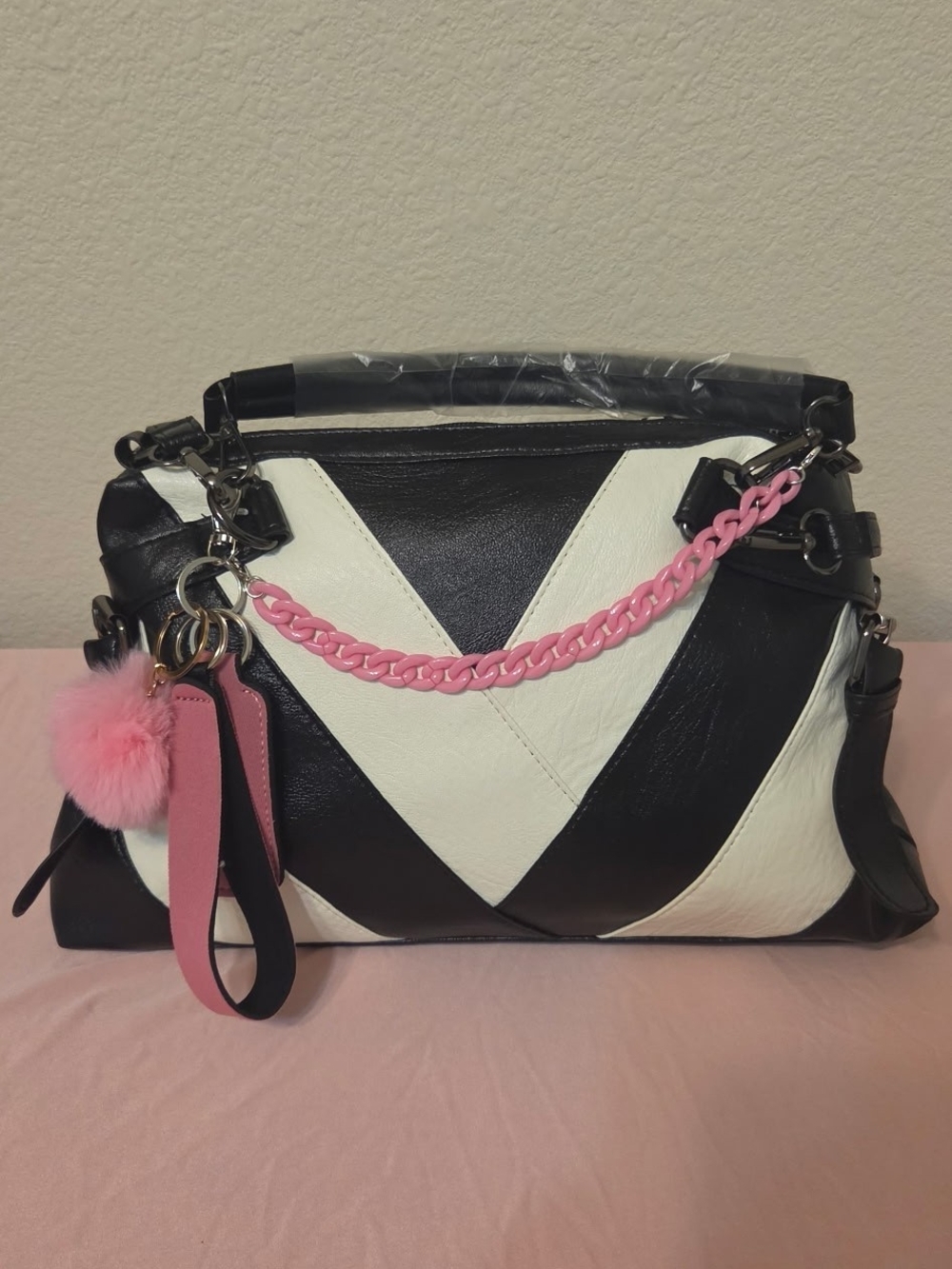 Black & White Chevron Satchel with Pink Chain and Pom Accent